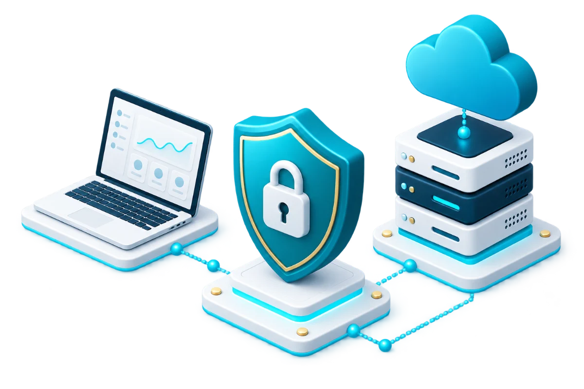 Cloud servers connected to a secure laptop and a protective shield